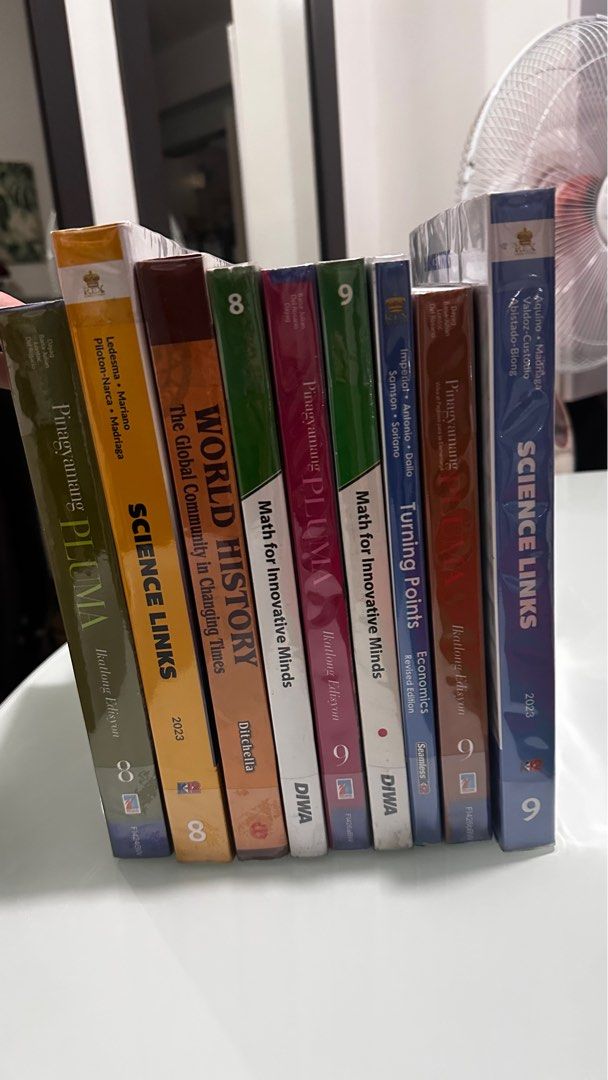 Grade 8 and Grade 9 Books (Category: Textbooks) located in Mandaluyong City. Submitted by TheWeekendProject (Listing ID 1381264009, Image 3). Description: Like new. With plastic cover. No rips. May or may not have writings. No names on print ( i used a sticker for their names) Price starts at 180. Let me know which one you need. Open for take all. Science Links 9 - 2023 ❌Math for Innovative Minds 9 - 2021 Turning Points - 2017 Reprinted 2024 Plum