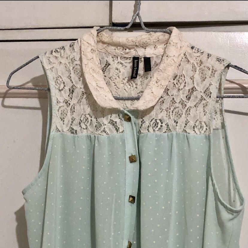 Mint green polka dot dainty laced button down chiffon blouse (Category: Shirts) located in Santo Tomas. Submitted by dangspreloved (Listing ID 1381250724, Image 1). Description: good as new -good quality -fits S to M -bought from US -rfs decluttering.