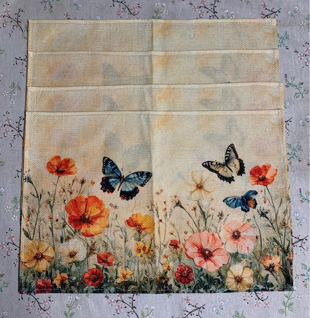Placemat (Category: Table Linen & Textiles) located in San Mateo. Submitted by kusinaninanan (Listing ID 1381124729, Image 3). Description: Brandnew!!! 4pcs Linen Placemats 30cmx45cm Woven Square Butterfly and Floral Design, Machine Washable Kitchen Table Decor.