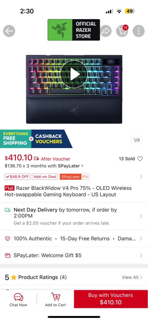 Razer BlackWidow V4 Pro 75% Wireless Gaming Keyboard