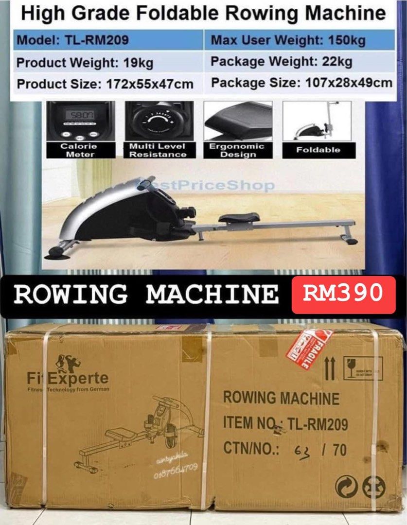 ROWING EXERCISE MACHINE (Category: Cardio & Fitness Machines) located in Pulau Langkawi. Submitted by ainsyakila (Listing ID 1381130272, Image 1). Description: Foldable Rowing Machine 4kg Fly Wheel Resistance Adjustable Gym Cardio Workout Slimming Weight TL-RM209.