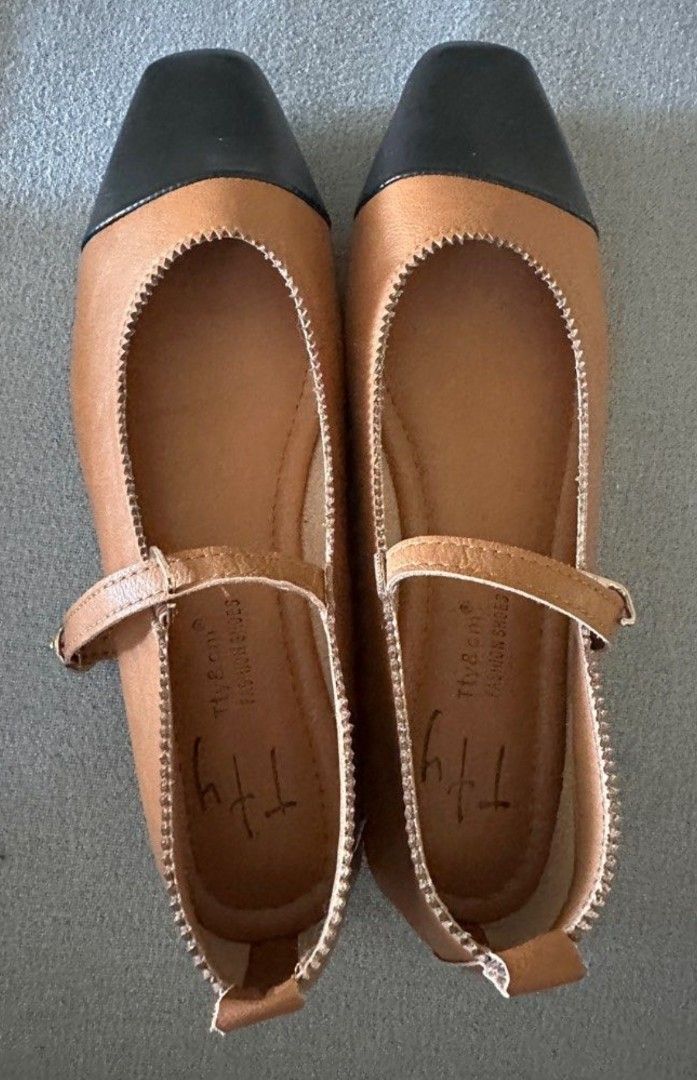 two toned leather mary janes (Category: Flats & Sandals) located in Pasig City. Submitted by authph (Listing ID 1381230642, Image 2). Description: black cap toe and tan vegan leather.