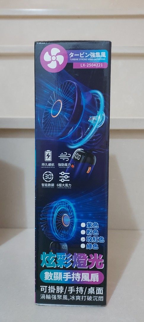 由 mengtsung123 (刊登 ID 1381430062，圖片 2) 提交，位於 台南市 (Tainan) 的 炫彩燈光 數顯手持風扇 六檔 渦輪 掛脖 手持 桌面 (類別：風扇)，說明：商品全新未拆，僅拍照，有雙色。