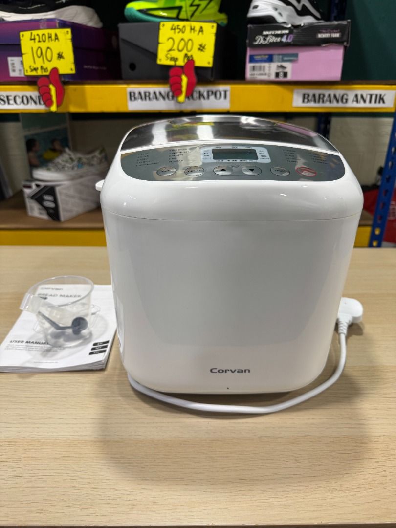 Bread Maker (Category: Breadmakers) located in Kuala Lumpur. Submitted by pakdean_preloved (Listing ID 1381378115, Image 1). Description: Item : Corvan B10 Bread Maker | 19 Programs | Gluten-Free Setting | Viewing Window Brand : Corvan Colour : White Plug : Malaysian Size : 2.2L NAK LETGO MUR2, ASAL BARANG JADI DUIT, KITA NEGO SAMPAI JADI!! ------------------------------------------- 🔸 Saya bukanlah kedai. Saya hanya seorang individu yang menjua