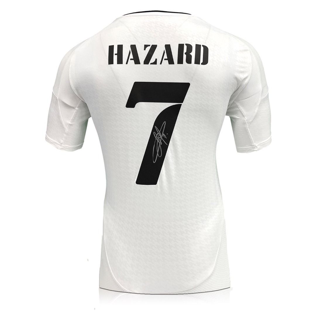 Eden Hazard Signed Real Madrid 2024-25 Home Football Shirt (Category: Other Merchandise) located in Singapore. Submitted by championasiasports (Listing ID 1381428091, Image 3). Description: This Real Madrid football shirt was signed by Eden Hazard on July 11th, 2025 in Madrid. Hazard made his debut for Real Madrid in 2019, scoring 7 goals in 76 appearances. During his time at Madrid, Hazard helped Los Blancos win six major trophies including the 