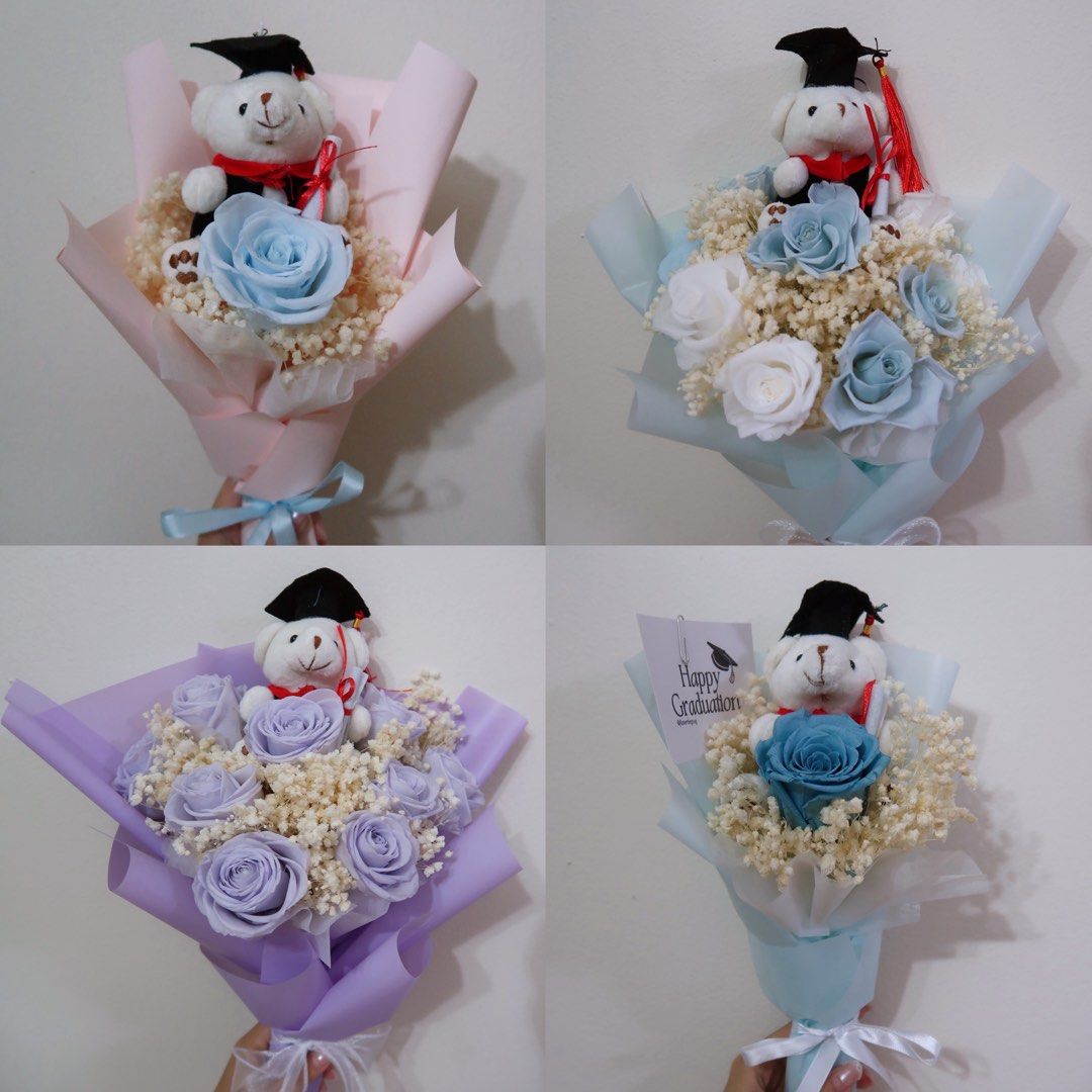 Graduation Bouquet | Preserved Flowers, Rose, Baby Breath (Category: Flowers & Bouquets) located in Singapore. Submitted by flowertings.sg (Listing ID 1378405722, Image 3). Description: Graduation Rose Flower Bouquet with Grad Bear 🧸🎓 A small graduation bear plushie alongside preserved roses & baby breath 💐 Number and color of roses customisable! 🌹 1 rose - $18 3 roses - $30 5 roses - $40 7 roses - $50 9 roses - $60 Each set comes with a comp
