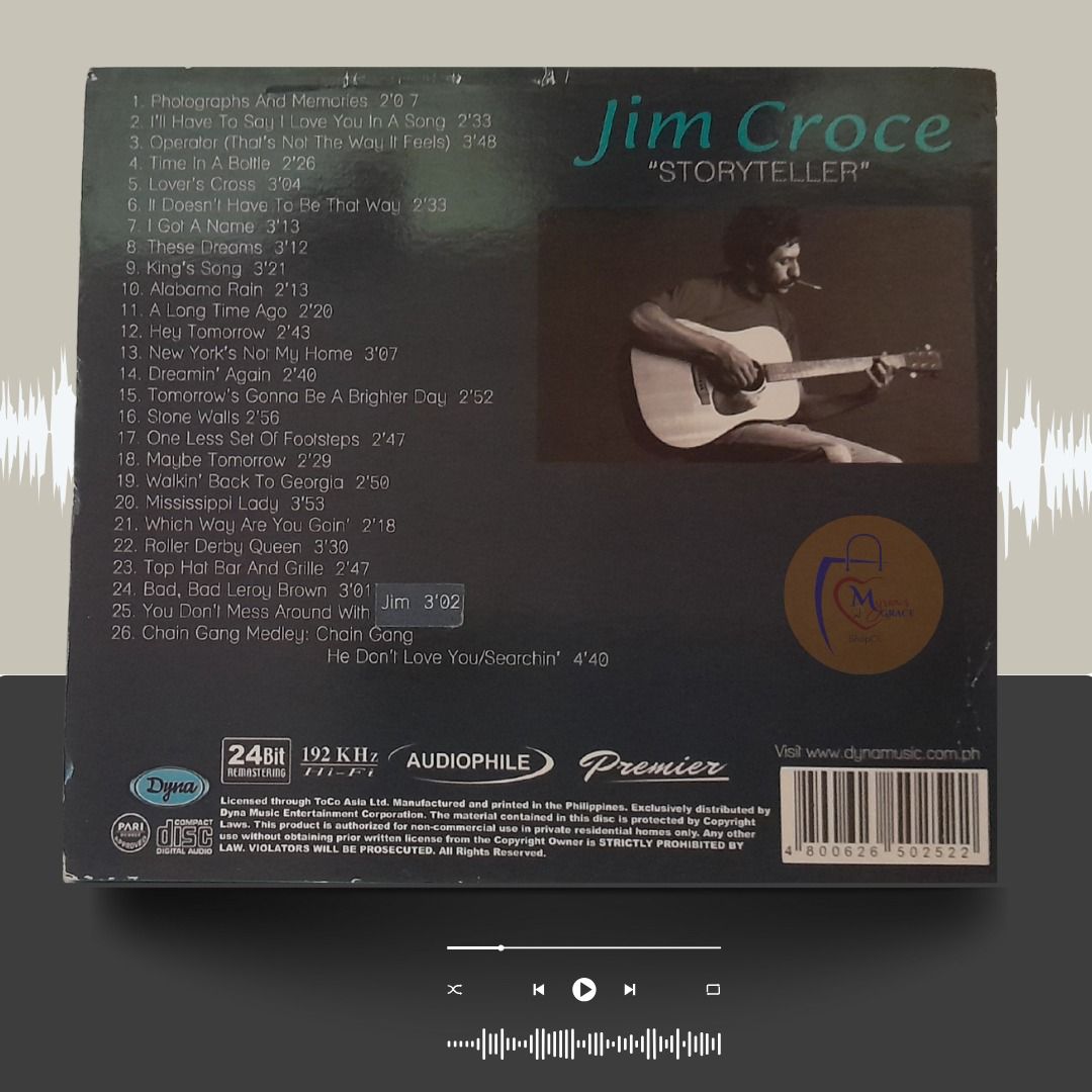 Jim Croce "Storyteller" - Audiophile Premier CD (Category: CDs & DVDs) located in San Pedro. Submitted by mygrace2911 (Listing ID 1381395542, Image 3). Description: Jim Croce "Storyteller" - Pre-loved Audiophile Premier CD Format 📲To interested buyers: Please feel free to chat/send us a message if you have any inquiries about our item. Item is being sold "as is where is". Posted are the actual pictures of the item. 📝 Please note: 📌 all sales a
