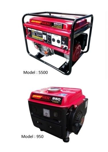 PowerGen. Gasoline generator (Category: Construction Tools & Equipment) located in Manila. Submitted by charles_merchandise (Listing ID 1381367155, Image 2). Description: PowerGen. Gasoline. Generar Model : 950w. ouTitkut:950w Model: 1500w. output: 1200w Model: 2500w. output: 2000w Model: 3500w. output: 3000w Model : 5500w. output: 5000w Model : 7500w. output: 6000w Model : 7500E. output: 6000w Model: 10,000w. output: 8000w Model : 10,000E. outpu