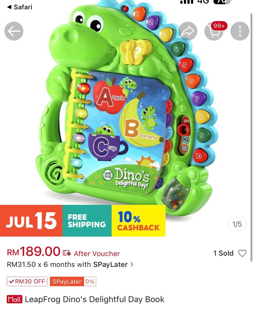 Preloved babydino leapfrog book (Category: Infant Playtime) located in Bangi. Submitted by purpletulip89 (Listing ID 1381297663, Image 3). Description: Free delivery Teaches Counting Numbers Reading Comprehension Word Sounds & Rhyme Join Dino and read about his day while learning the alphabet. Letters and words are woven into the story in alphabetical order with phonetic sounds to introduce ABCs through a charming tale..