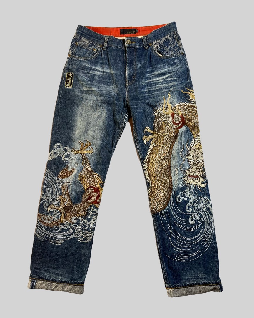 Jean Denim Karakuri Tamashii Brodé Dragon Japonais Tigre - Taille 34-40, Neuf Avec étiquettes