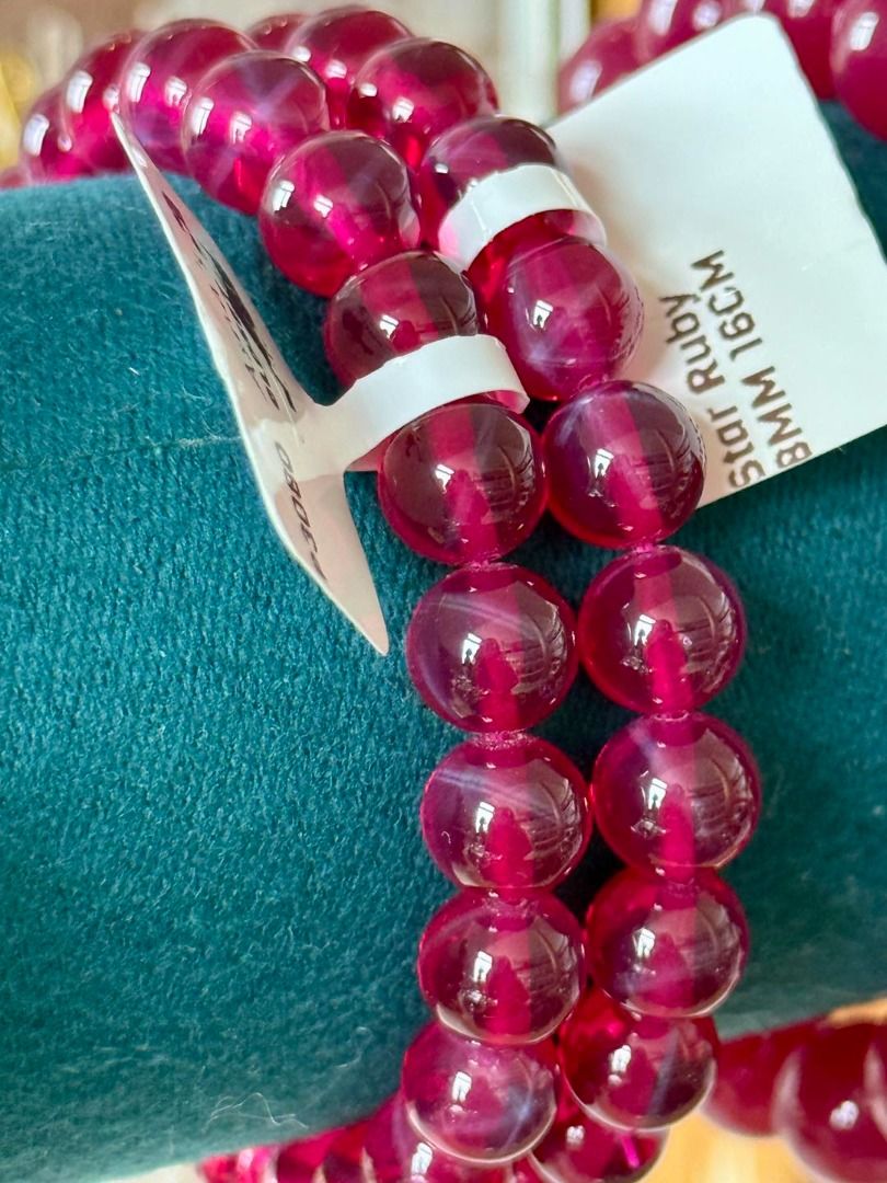 Star Rubies (Category: Bracelets) located in Baguio. Submitted by asna_taku (Listing ID 1381348466, Image 2). Description: Star Rubies 😍 #rarecollection A ruby is considered a Star Ruby when a three-point or six-point asterism, or star if you will, appears within the stone. This star is created when tiny fibers of rutile, also known as “silk,” have light reflected off of them in such a way that a star shape is formed. Star rubies are cut into ca