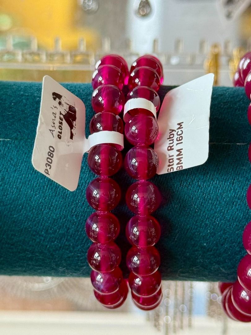 Star Rubies (Category: Bracelets) located in Baguio. Submitted by asna_taku (Listing ID 1381348466, Image 1). Description: Star Rubies 😍 #rarecollection A ruby is considered a Star Ruby when a three-point or six-point asterism, or star if you will, appears within the stone. This star is created when tiny fibers of rutile, also known as “silk,” have light reflected off of them in such a way that a star shape is formed. Star rubies are cut into ca
