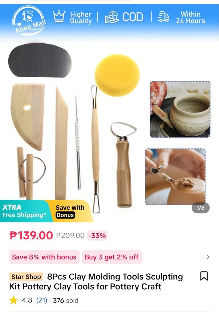 8 pcs Clay / Sculpting / Pottery Tools (Category: Craft Supplies & Tools) located in Quezon City. Submitted by jenaysellz (Listing ID 1381538292, Image 1). Description: Duplicate order.