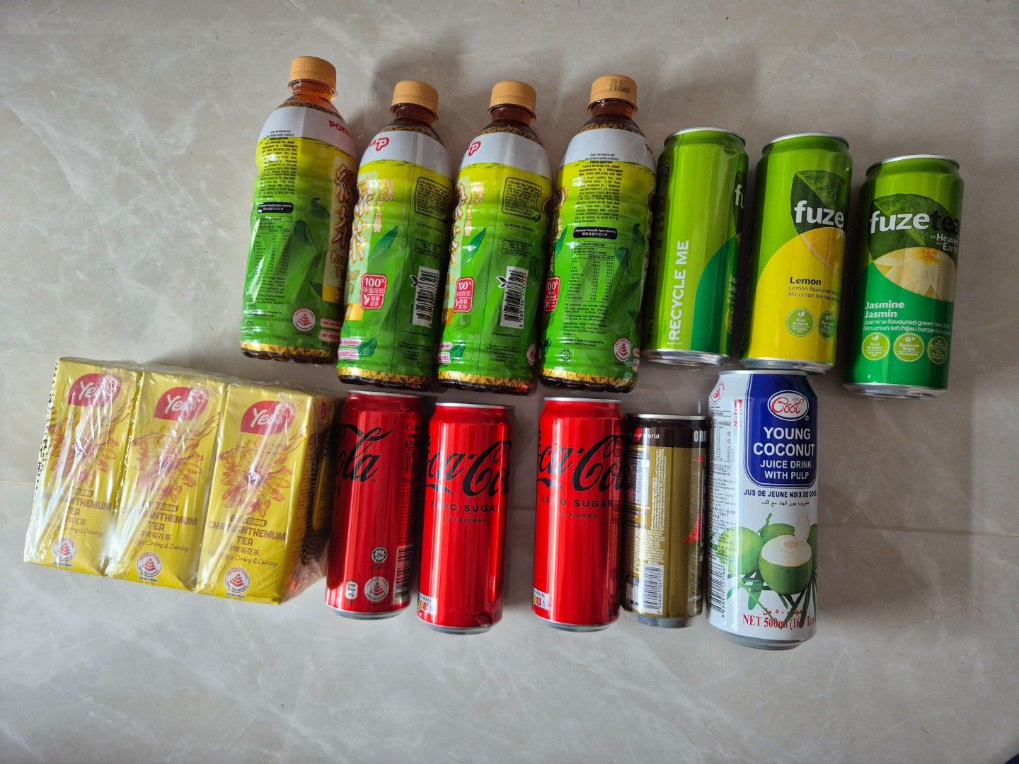 [Clearance] Drinks (Category: Beverages) located in Singapore. Submitted by enigmagal (Listing ID 1378035861, Image 2). Description: Brand New omija miso- 12/9/25, whole set $15 pokka green tea - 09/08/2025, each $1 coke zero - 23/8/25, each $0.50 fuze tea - 14/2/26, each $0 50 nescafe - 1/2026 coconut - 1/2026, each $1.50 chrysanthemum tea - 15/11/25, $2 Or take all in second pic for $10 have to come near my house to collect. min order $5.
