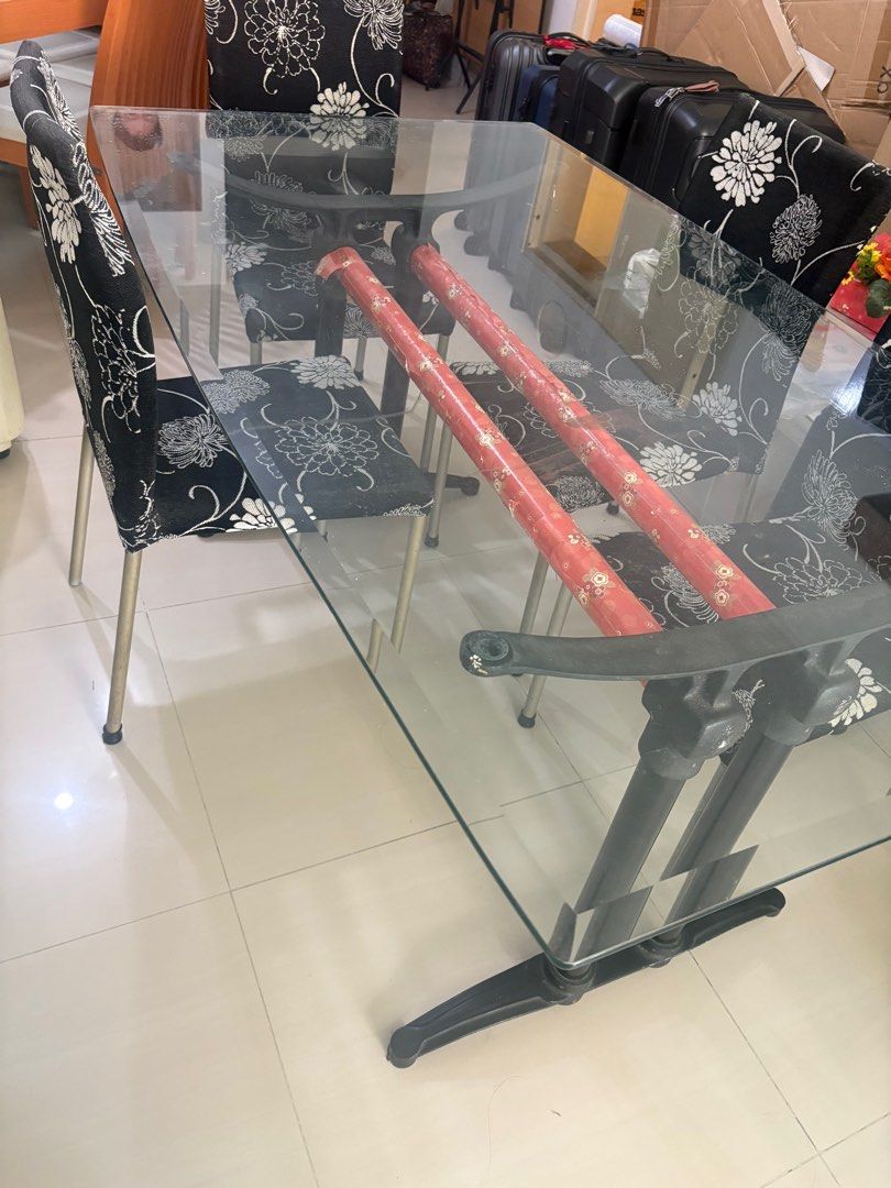 Dining Table (Category: Tables & Sets) located in Singapore. Submitted by simplyme0906 (Listing ID 1381597425, Image 2). Description: 6 seater glass dining table includes 6 chairs Well used RFS current house have already dining set Self collect on our block..