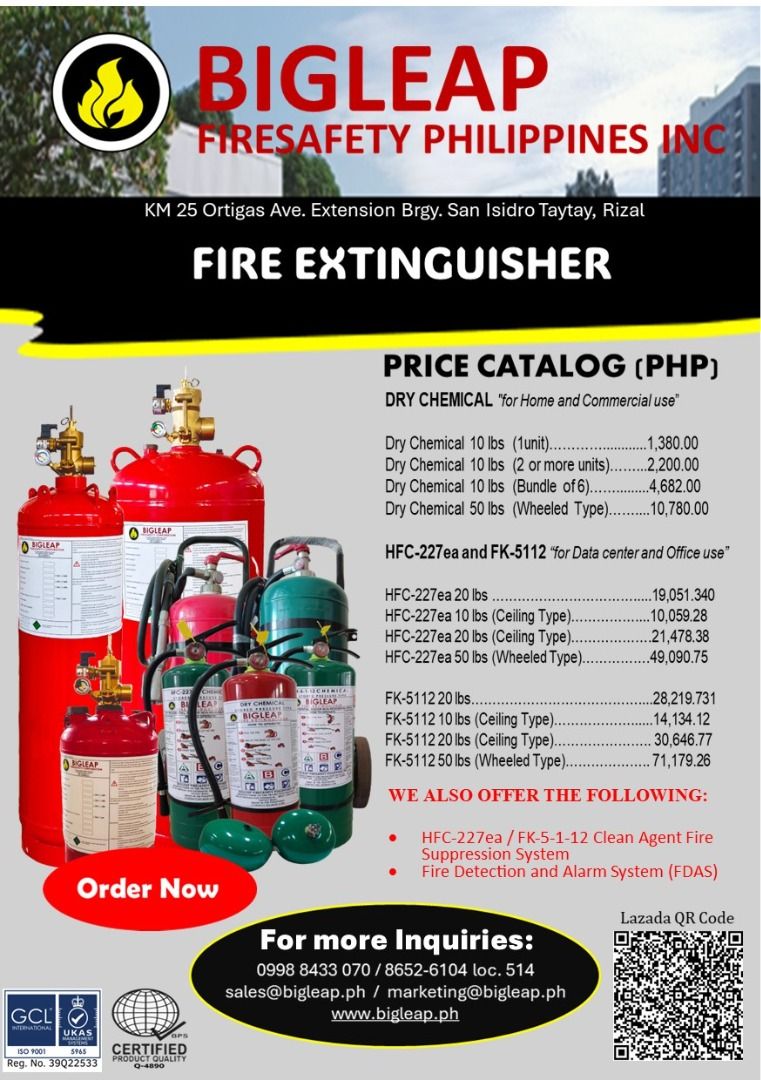 Fire Extinguisher and Automatic Fire Extinguisher (Category: Construction & Building Materials) located in Taytay. Submitted by cyrel.suyman (Listing ID 1381524182, Image 1). Description: Beat the Fire! INQUIRE NOW! 𝐎𝐟𝐟𝐢𝐜𝐞 𝐀𝐝𝐝𝐫𝐞𝐬𝐬: Km 25 Ortigas Ave. Extension Brgy. San Isidro Taytay, Rizal Google or Waze: Bigleap Firesafety Philippines Inc 𝐂𝐨𝐧𝐭𝐚𝐜𝐭 𝐔𝐬: 📞09988433070) 📞02-86526104 loc. 509 AVAILABLE: - Fire Extinguishers * D