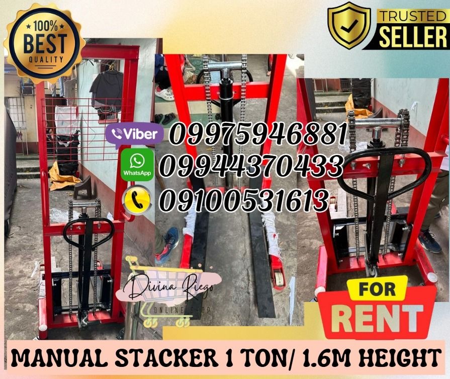 FOR RENT! 1 TON MANUAL STACKER FORKLIFT (Category: Everything Else Others) located in Pasig City. Submitted by ayabheldiane-20162 (Listing ID 1381534525, Image 1). Description: 🌏 We Can Deliver Nationwide 👉 AP Cargo, LBC & Lalamove etc. 🎉FOR RENT: 🛒 Manual Stacker 1 Ton-1.6m Height: Price: 3,500 🛒 Semi-Electric Stacker 2 Tons-2m Height: Price: 5,500 🔥 AVAILABLE FOR RENT TODAY !! .