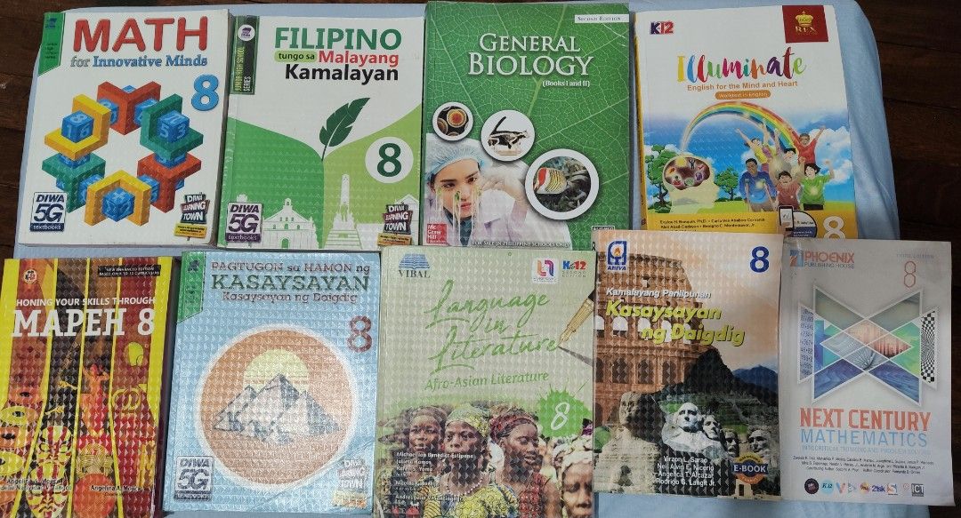 Grade 8 & Grade 7 Books (Category: Textbooks) located in Manila. Submitted by mysterious19731 (Listing ID 1381523992, Image 2). Description: Please read descriptions Math for Innovative Minds (DIWA)-350 Next Century Math(PHOENIX)-350 Filipino tungo sa Malayang Kamalayan (DIWA)- 350 General Biology(McGraw Hill)-600 illuminate English for the Mind and Heart(REX)-350 Honing your skills through Mapeh 8-350 Pagtugin sa hamon ng Kasaysayan ng Daigdig 8