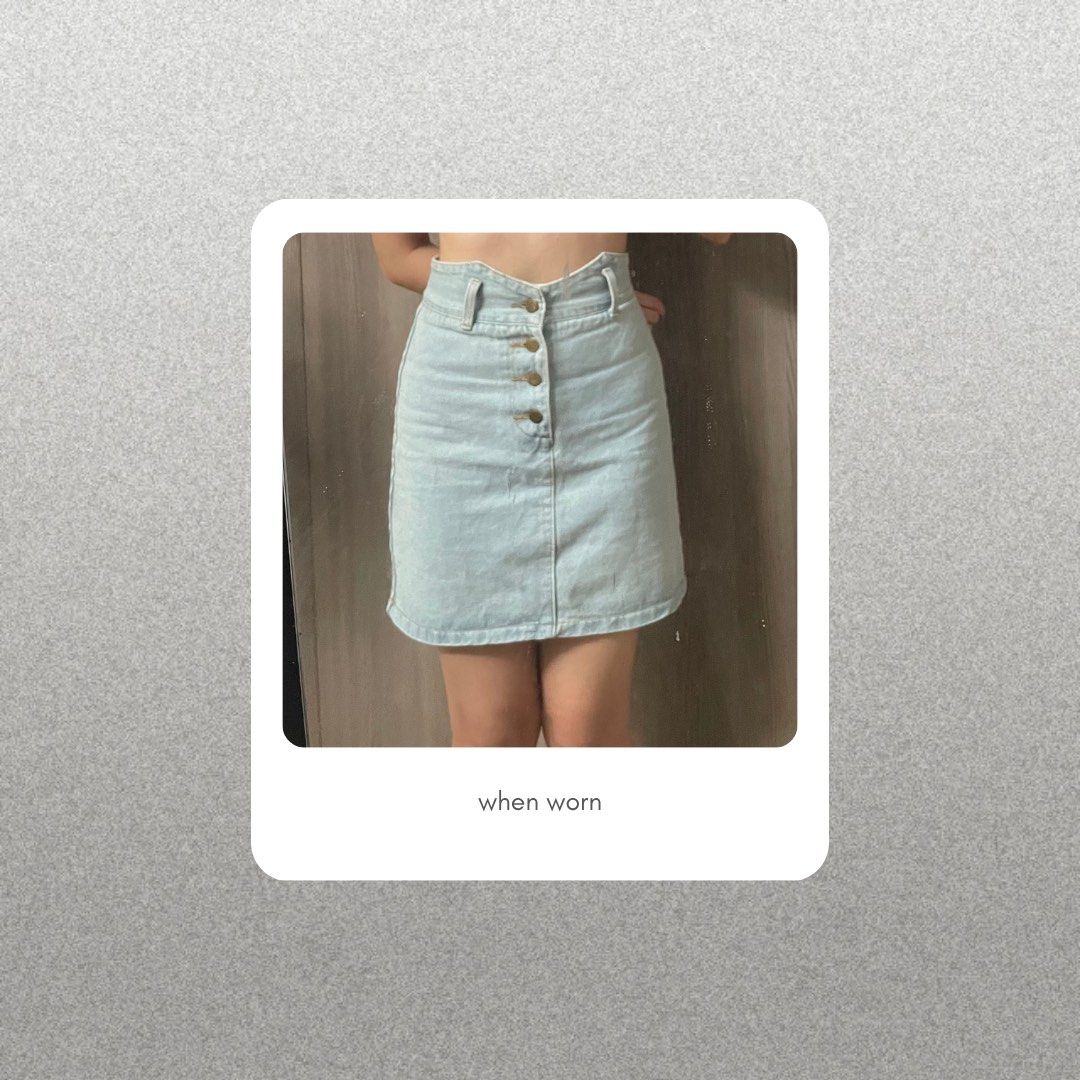 light washed high waisted denim skirt (Category: Skirts) located in Cebu City. Submitted by kezziahv (Listing ID 1381522461, Image 2). Description: fits XS cebu / mandaue only mod: lalamove/angkas/maxim or meetup at velez (if student) mop: gcash or cod.