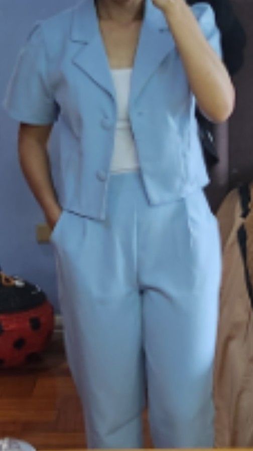 Powder blue tweed coords (Category: Sets or Coordinates) located in Marikina City. Submitted by MSS_32 (Listing ID 1381475306, Image 2). Description: *BKK soft flat tweed coords TOP Details: *Shoulder - 15" *Armhole - 18" *Bust - up to 37" ( closed buttons) *Waist - up to 34" *Length - 17" *Functional buttons PANTS Details: *Waist - 26" - 34" (garterized at the back) *Hips - up to 40" *Length - 36" *with 2 side pockets *available in other colors 