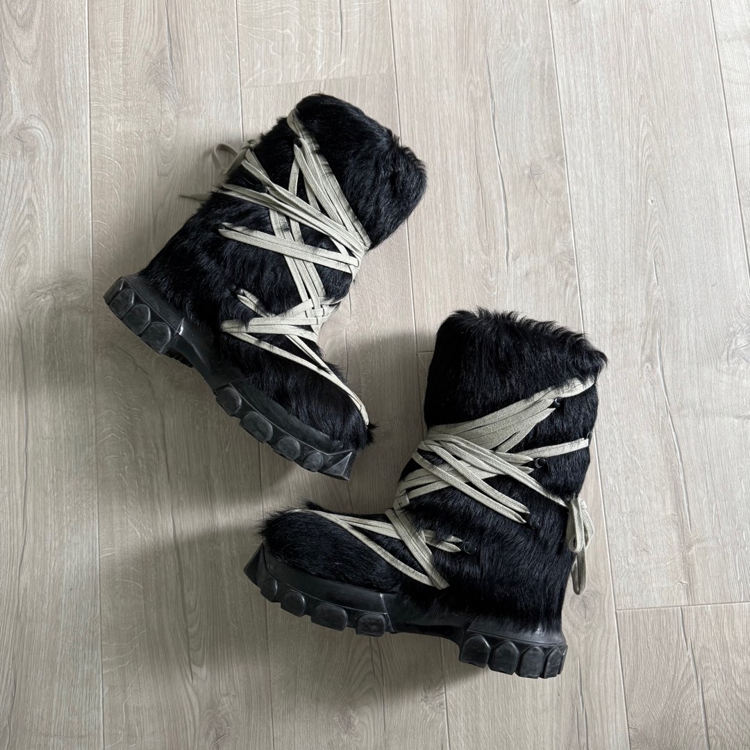 RICK OWENS PONY HAIR LUNAR BOOTS 瘋狂綁帶牛毛靴, 他的時尚, 鞋類