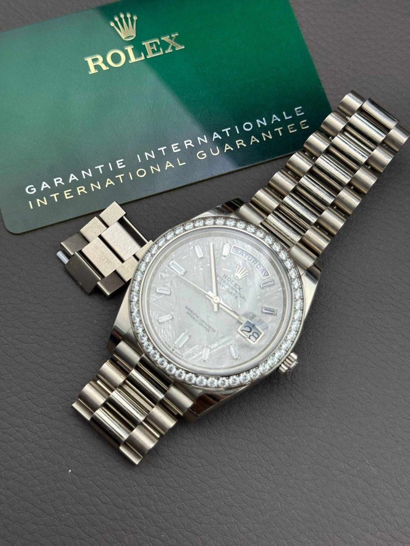 rolex (Category: Luxury Watches) located in Cabanatuan. Submitted by albertgonzales27 (Listing ID 1381489018, Image 3). Description: Rolex Day-Date 40 “Meteorite Baguette” 2024 with card only ref : 228349RBR 5 extra links 4.050m Slightly neg DM ME 💌.