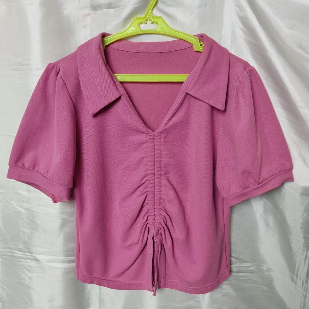 Ruched pink top with collar/ ruched top/ collared top (Category: Blouses) located in San Antonio. Submitted by miscorpion (Listing ID 1381544537, Image 2). Description: Ruched pink top with collar, no flaws Best fit S-M chat for more details.