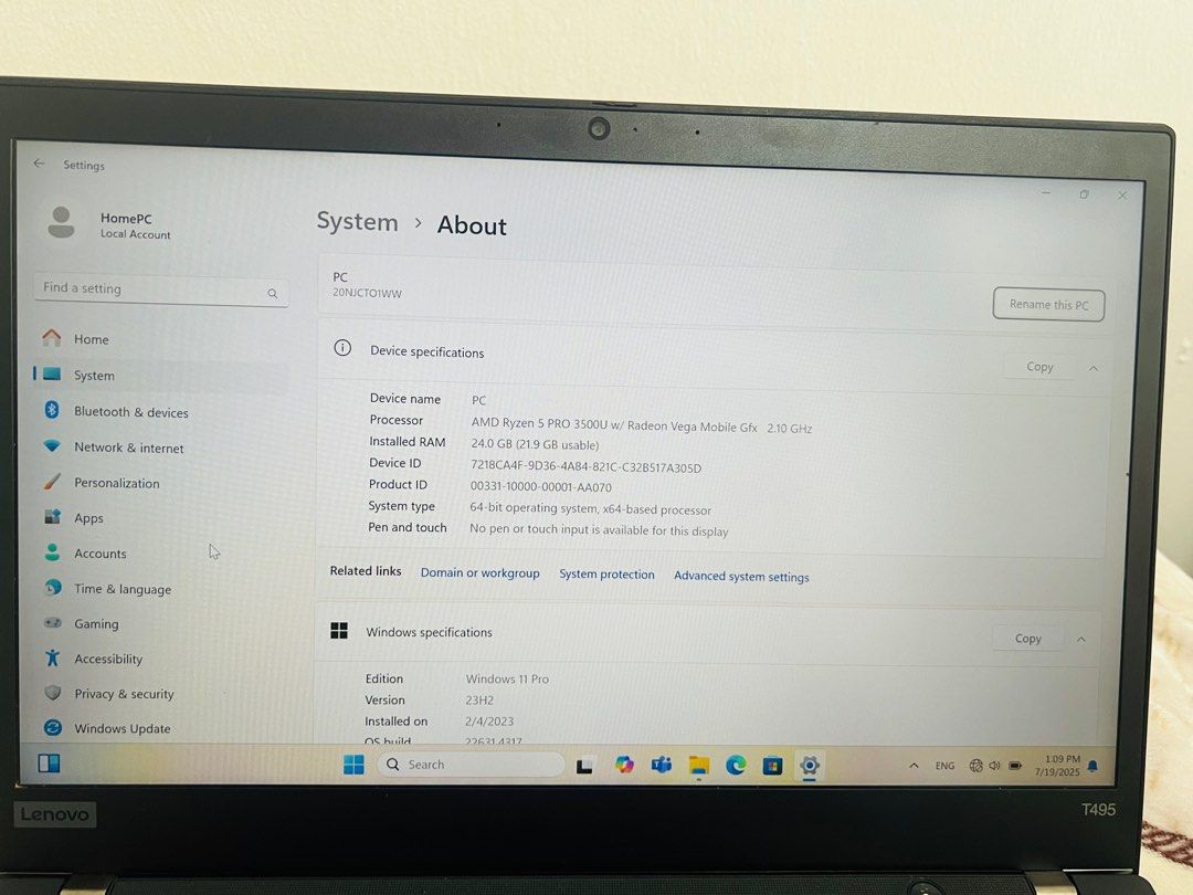 ThinkPad T495/Ryzen 5Pro 3500U/24GB RAM/512GB SSD/ Battery Health 94%/AMD Radeon Vega 8 Graphics  2GB Dedicated/Windows 11Pro/MS Office 202163221273068163114
