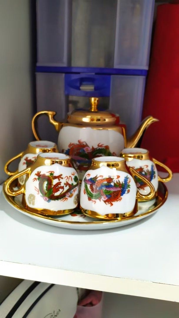 Vintage Porcelain Tea Set with Dragon Motif