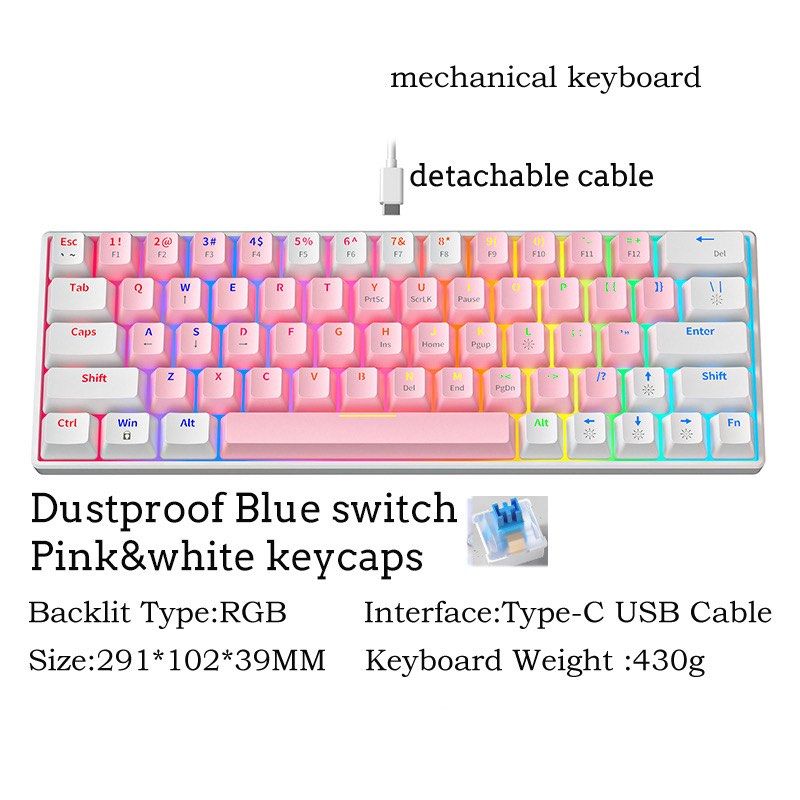 zifriend 63-keys pink mechanical wired keyboard632237923045141110