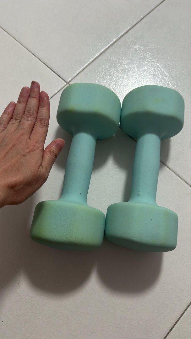 3kg Light Blue Dumbbells (Category: Weights & Dumbbells) located in Singapore. Submitted by backyardsale.com (Listing ID 1378219069, Image 1). Description: Pair of light blue dumbbells (3kg x2). Yellowish due to storage, but still functional. Great for home workouts. Please refer to the photos for the condition. Not for fussy.