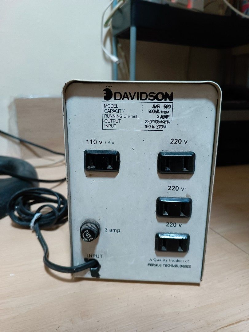 500 watts Davidson Surge Protector AVR (Category: Electrical, Adaptors & Sockets) located in Caloocan City. Submitted by casipit.ellaine (Listing ID 1378328640, Image 3). Description: Second hand 500watts Davidson Surge Protector AVR In good condition 1000 only.