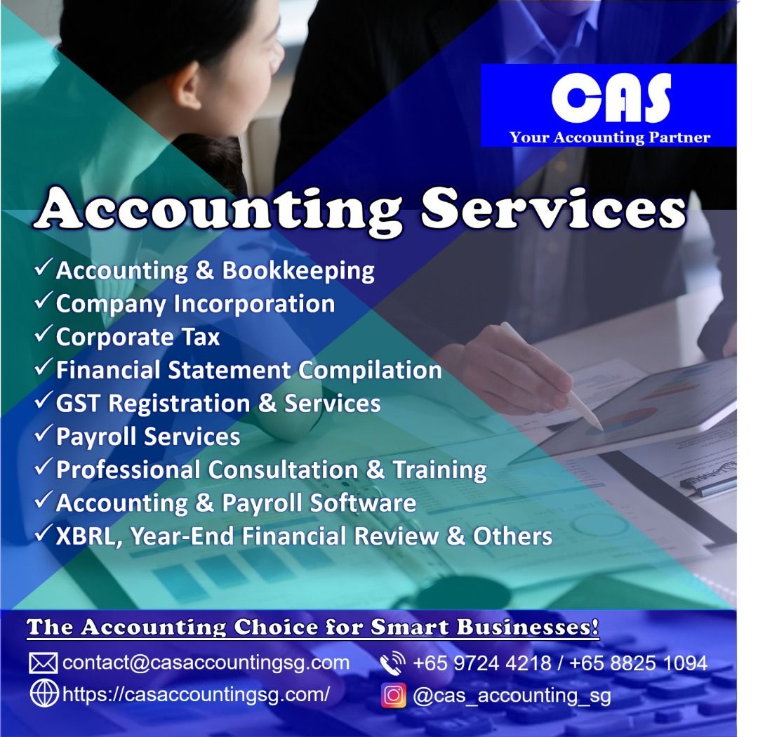 ACCOUNTING SERVICES - AFFORDABLE RATES FROM $50 / MONTH (Category: Admin, Finance, Legal) located in Singapore. Submitted by bridgetsl (Listing ID 1378207354, Image 1). Description: Hey there! Looking for reliable accounting services? CAS is your answer! We offer a wide range of services to help your business thrive, from basic bookkeeping and company incorporation to more complex tasks like corporate tax and financial statement compilation. We'r