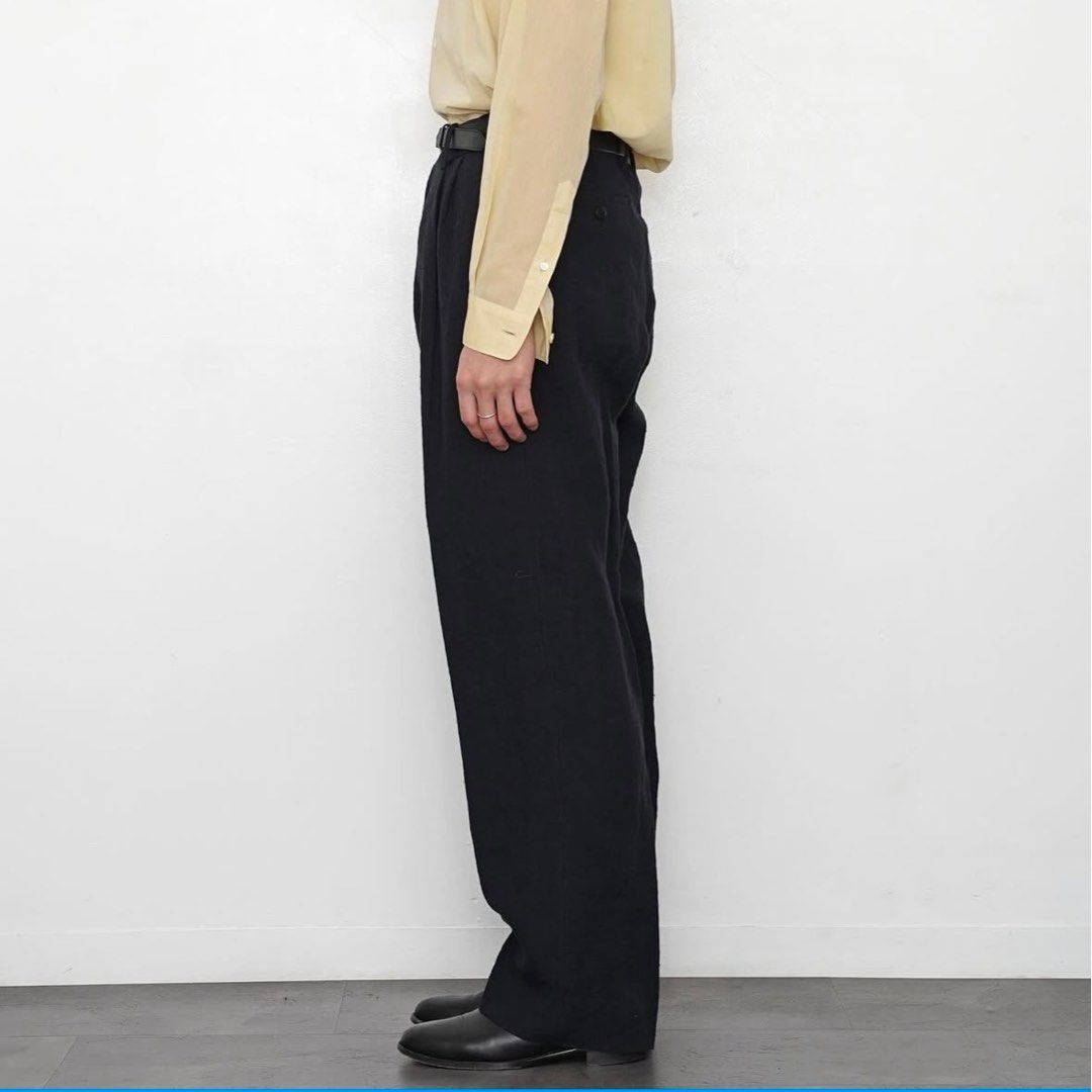 Auralee linen silk summer tweed slacks navy, 他的時尚, 褲子