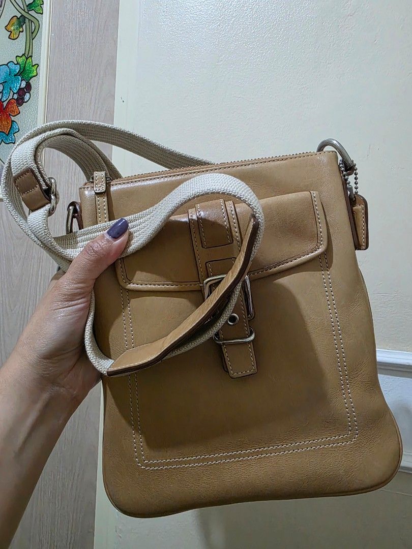 Auth Coach Hampton Swing Crossbody Bag (Category: Luxury Bags & Wallets) located in Las Pinas. Submitted by andthelike (Listing ID 1378302113, Image 2). Description: Auth Coach Hampton Swing Crossbody Bag cutesie nito silver hardwares small size nude color leather vintage coach sling with back pocket clean inside and out.