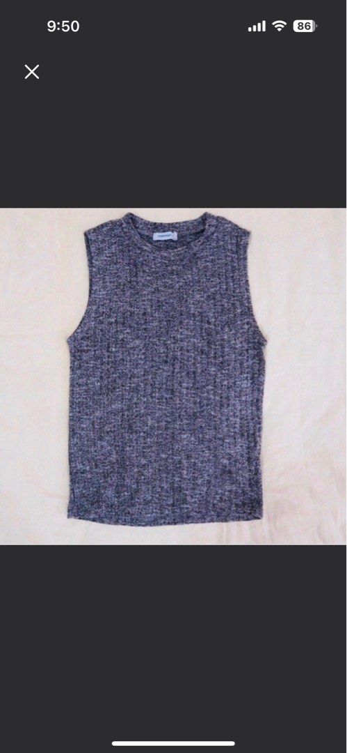 Blue Grey Ribbed Sleeveless Top y2k (Category: Sleeveless) located in Singapore. Submitted by doodeehoo (Listing ID 1378278265, Image 1). Description: Stylish sleeveless top in a textured ribbed knit. Features a round neckline. Perfect for layering or wearing on its own. Great for casual wear. In excellent condition..