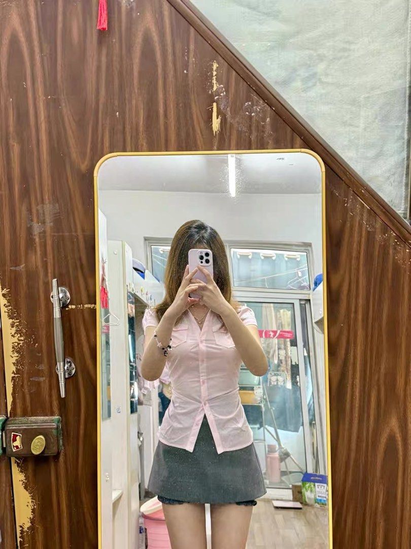y2k cinched pink button up shirt vintage blouse (Category: Shirts) located in Singapore. Submitted by meecrowaavee (Listing ID 1378311968, Image 1). Description: first pic is rlp bust 86cm shoulders 35.5 cm waist 64cm tracked mail +$3 .