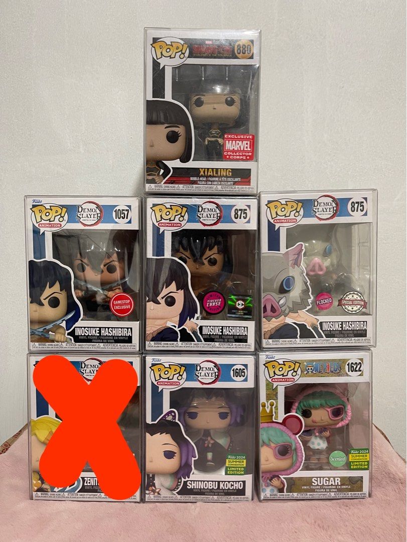 Demon Slayer, One Piece, Marvel Funko Pop (Category: Figurines & Statues) located in Manila. Submitted by kennethcsantos (Listing ID 1378147722, Image 1). Description: Condition: 8.5-9.5/10 Xialing - 700 Inosuke Gamestop - 1,500 Inosuke Chase - 2,500 Inosuke Flocked - 650 Zenitsu Funimation - 1,600 (SOLD) Shinobu LE - 1,200 Sugar Scented LE - 1,000 Shipping c/o buyer Meet-ups: Robinsons Manila | LRT-1 UN Station .