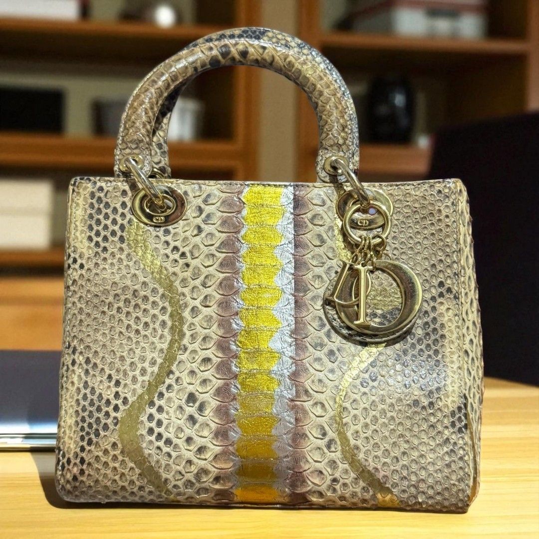 Dior Gold/Beige Python Lady Dior, Barang Mewah, Tas & Dompet di Carousell