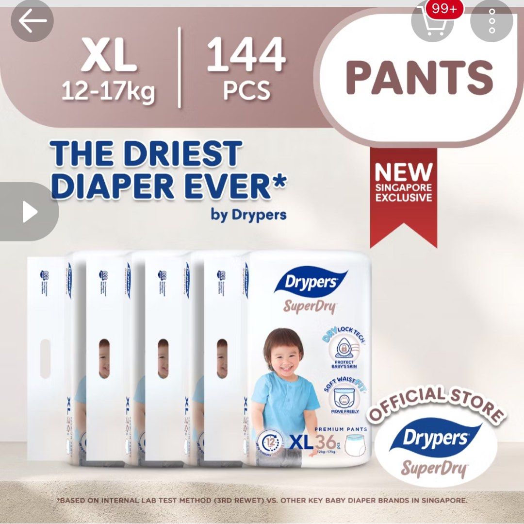 Drypers SuperDry XL Pants Diapers (144pcs) (Category: Diapers & Baby Wipes) located in Singapore. Submitted by ydnac888 (Listing ID 1378212122, Image 1). Description: New Drypers SuperDry XL pants diapers. Contains 144 pieces. Designed for babies weighing 12-17kg. Features a soft waist fit and baby skin protection. Singapore exclusive..