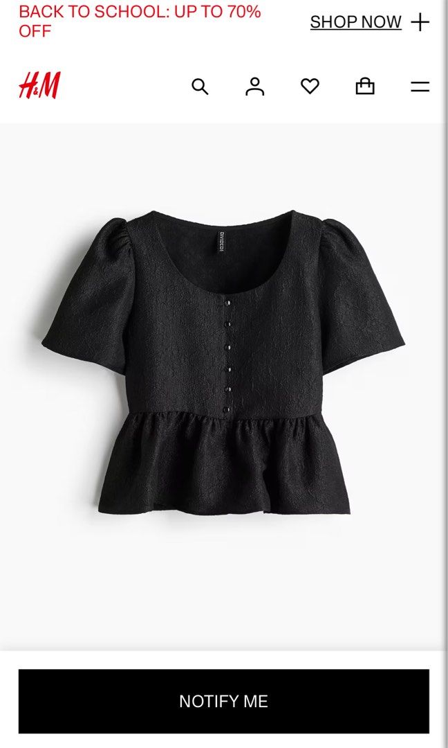h&m black peplum brocade blouse (Category: Blouses) located in Pasig City. Submitted by jeldya (Listing ID 1378328082, Image 1). Description: brand new with tags never worn rfs: not my style and size but very cute nonetheless .