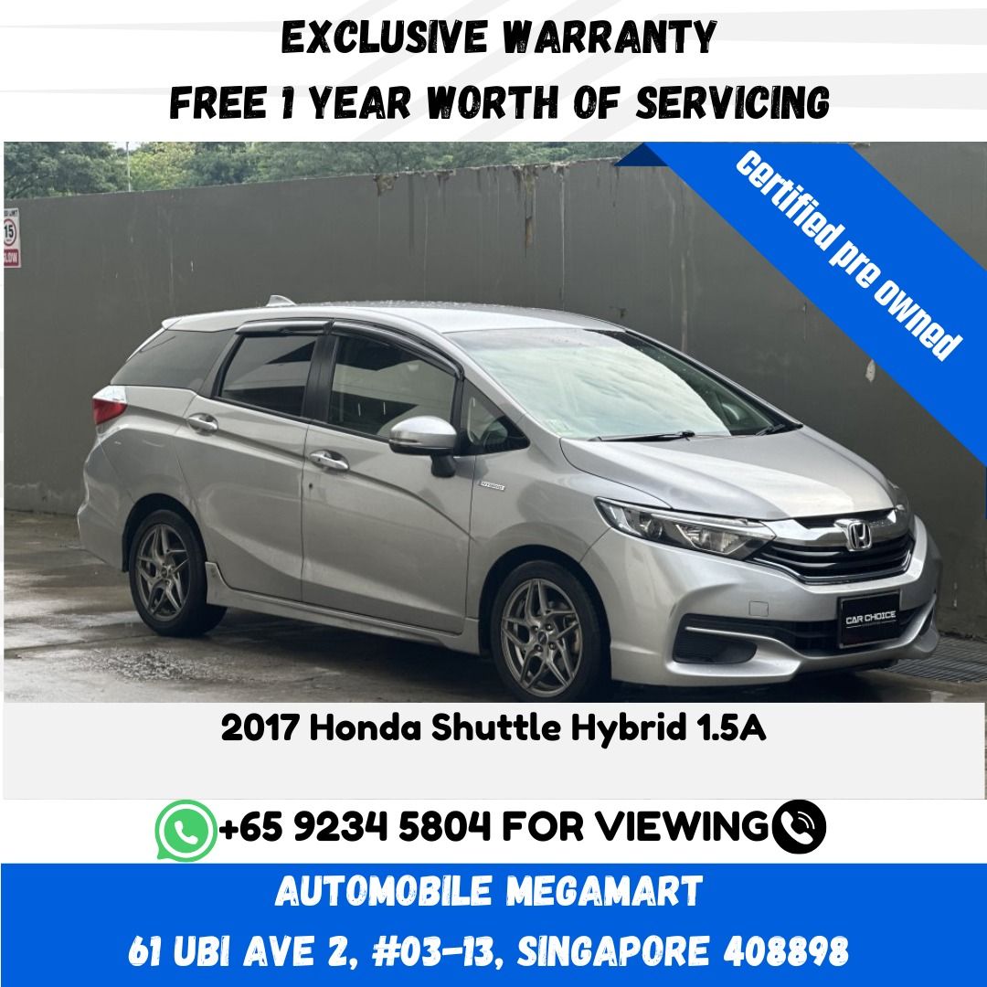 Honda Shuttle Hybrid 1.5 [2017 FL] (A) (Category: Used Cars) located in Singapore. Submitted by carchoice_aml (Listing ID 1371258477, Image 1). Description: Features 1.5l Earth Dreams I-VTEC engine, 135bhp, DCT transmission, traction/cruise control, keyless entry/start, multi function steering, ABS Accessories Auto headlights,multi-function steering wheel, keyless entry/start,reverse sensor/camera, cruise control, front & rear cam, Bluetooth head