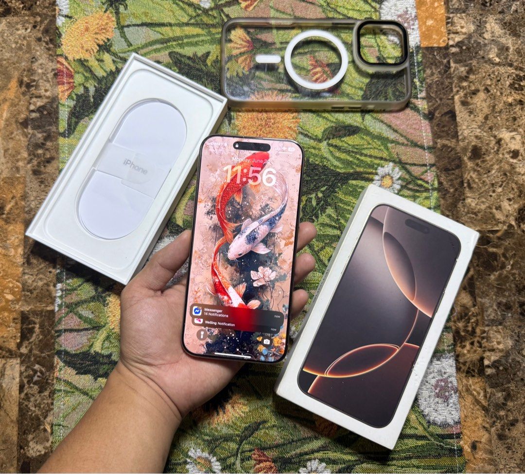 iPhone 16 Pro max (Category: iPhone 16 Series) located in San Juan City. Submitted by hakobzone (Listing ID 1378268459, Image 1). Description: iPhone 16 Pro Max 256gb for sale or swap! 57k selling fixed! Details: Unit is in excellent condition 240 cycle count as of posting Openline dubai variant No issue Warranty until December next year 256gb Dessert titanium Unit and box package Open for swap: 58k.