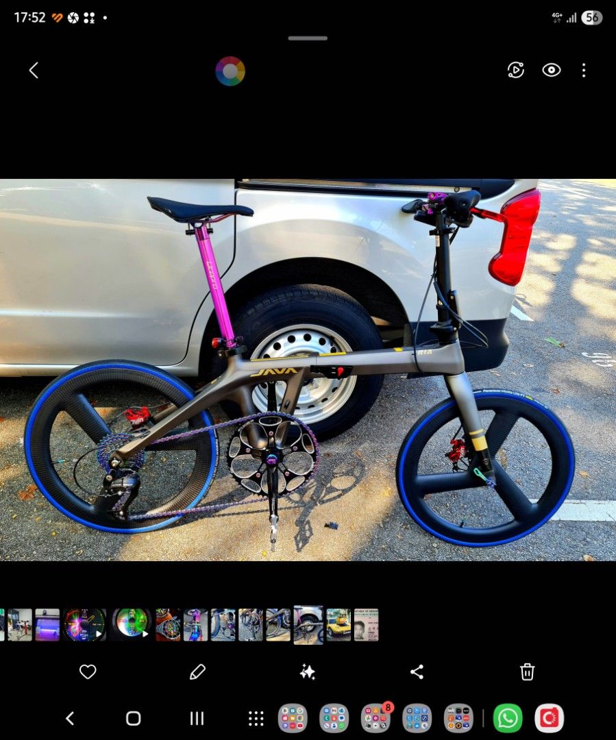 Java foldie (Category: Bicycles) located in Singapore. Submitted by choconchonho (Listing ID 1378244804, Image 1). Description: As good as new Full carbon and very light Wheels full carbon 20 inches ( $600 ) Expensive wheel hubs very loud and nice JUIN disc brake system ( Upgrade $220 ) SAM HILL quality seat ( $180 ) Never use as I only ride road and TT bikes Selling at great loss.