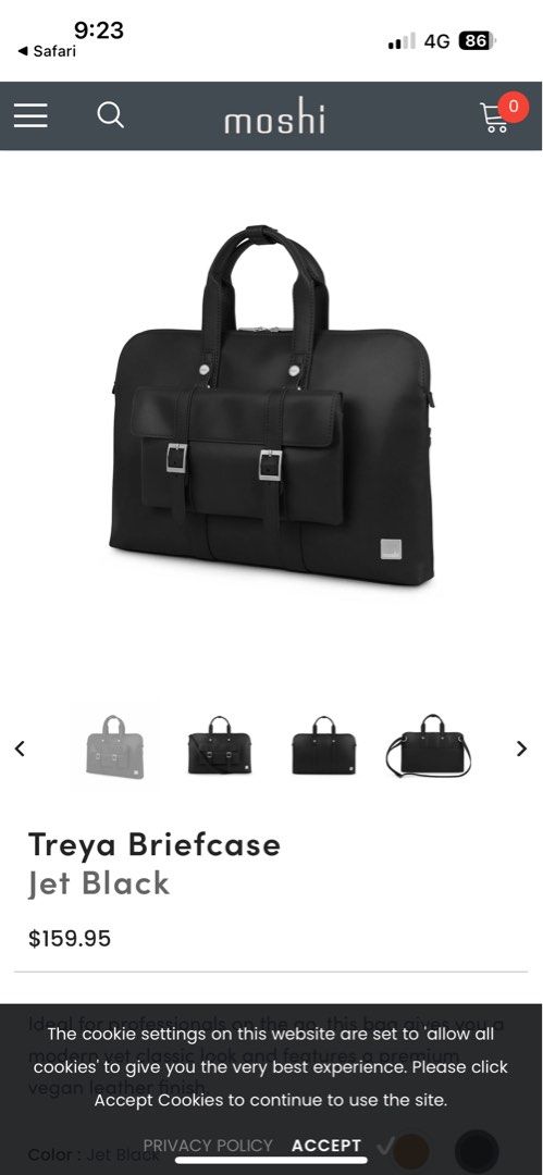 Moshi Treya Briefcase - Jet Black (Category: Briefcases) located in Singapore. Submitted by stuffcool (Listing ID 1378153752, Image 1). Description: Stylish Moshi Treya Briefcase in Jet Black. Features a modern, yet classic look with a premium vegan leather finish. Perfect for professionals on the go. Includes multiple compartments for organization. Brand new, never used..
