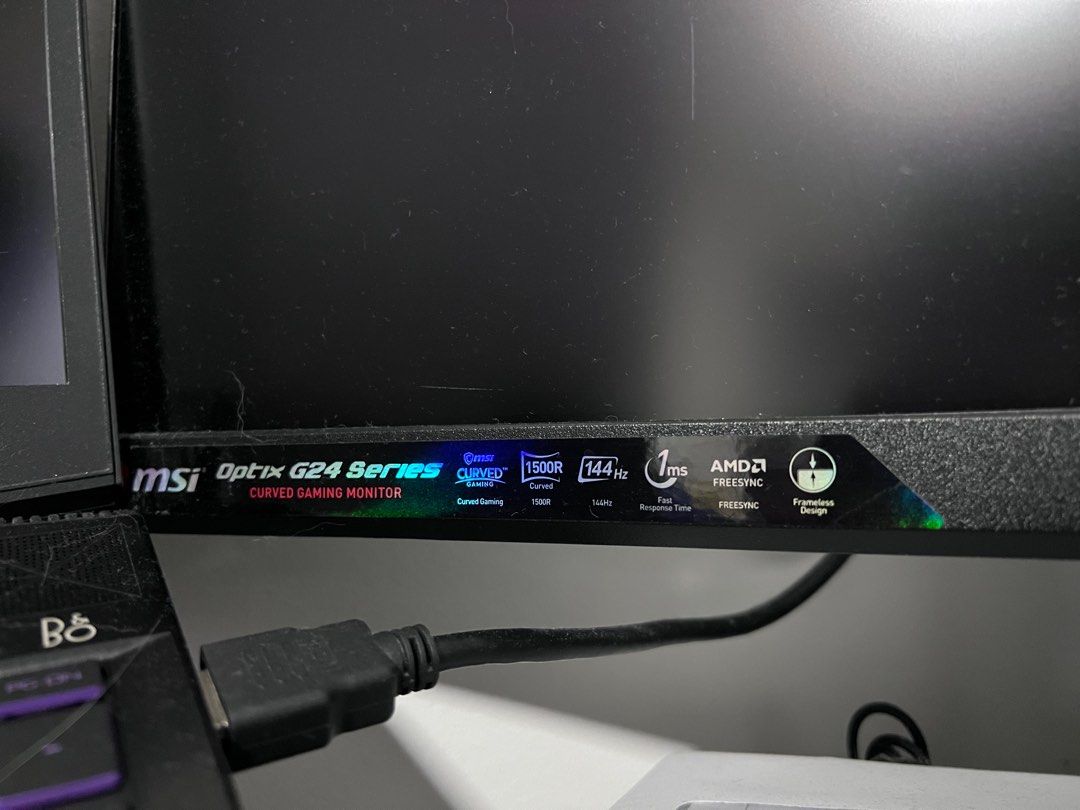 MSI Optix G24 Series Curved Gaming Monitor (Category: Monitor Screens) located in Singapore. Submitted by pqlamz0213 (Listing ID 1378279316, Image 2). Description: Selling a used MSI Optix G24 Series curved gaming monitor. Features a 144Hz refresh rate and 1ms response time. Includes FreeSync technology. Manufactured in March 2021. HDMI port available. Great for gaming and everyday use..