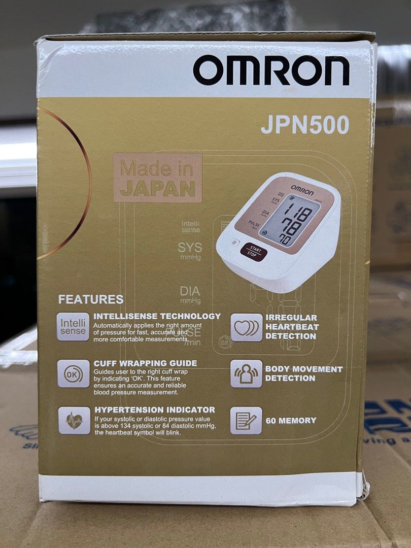 Omron JPN500 Blood Pressure Monitor - Made in Japan (Category: Health Monitors & Weighing Scales) located in Singapore. Submitted by handysoap (Listing ID 1378229911, Image 2). Description: Brand new Omron JPN500 blood pressure monitor. Features Intellisense technology, irregular heartbeat detection, and body movement detection. Includes cuff wrapping guide and hypertension indicator. Stores up to 60 memory readings. Made in Japan..