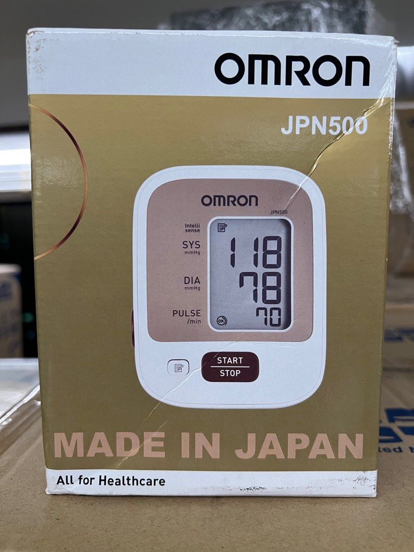 Omron JPN500 Blood Pressure Monitor - Made in Japan (Category: Health Monitors & Weighing Scales) located in Singapore. Submitted by handysoap (Listing ID 1378229911, Image 1). Description: Brand new Omron JPN500 blood pressure monitor. Features Intellisense technology, irregular heartbeat detection, and body movement detection. Includes cuff wrapping guide and hypertension indicator. Stores up to 60 memory readings. Made in Japan..
