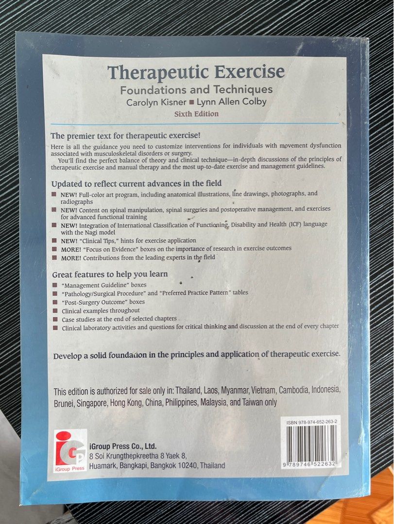 Physical Therapy Book, Kisner Therapeutic Exercise 6th Ed (Category: Textbooks) located in Las Pinas. Submitted by _svrx (Listing ID 1378183626, Image 2). Description: In good condition With plastic cover Few pages have neat minimal highlights Magee also avail, see other listing.