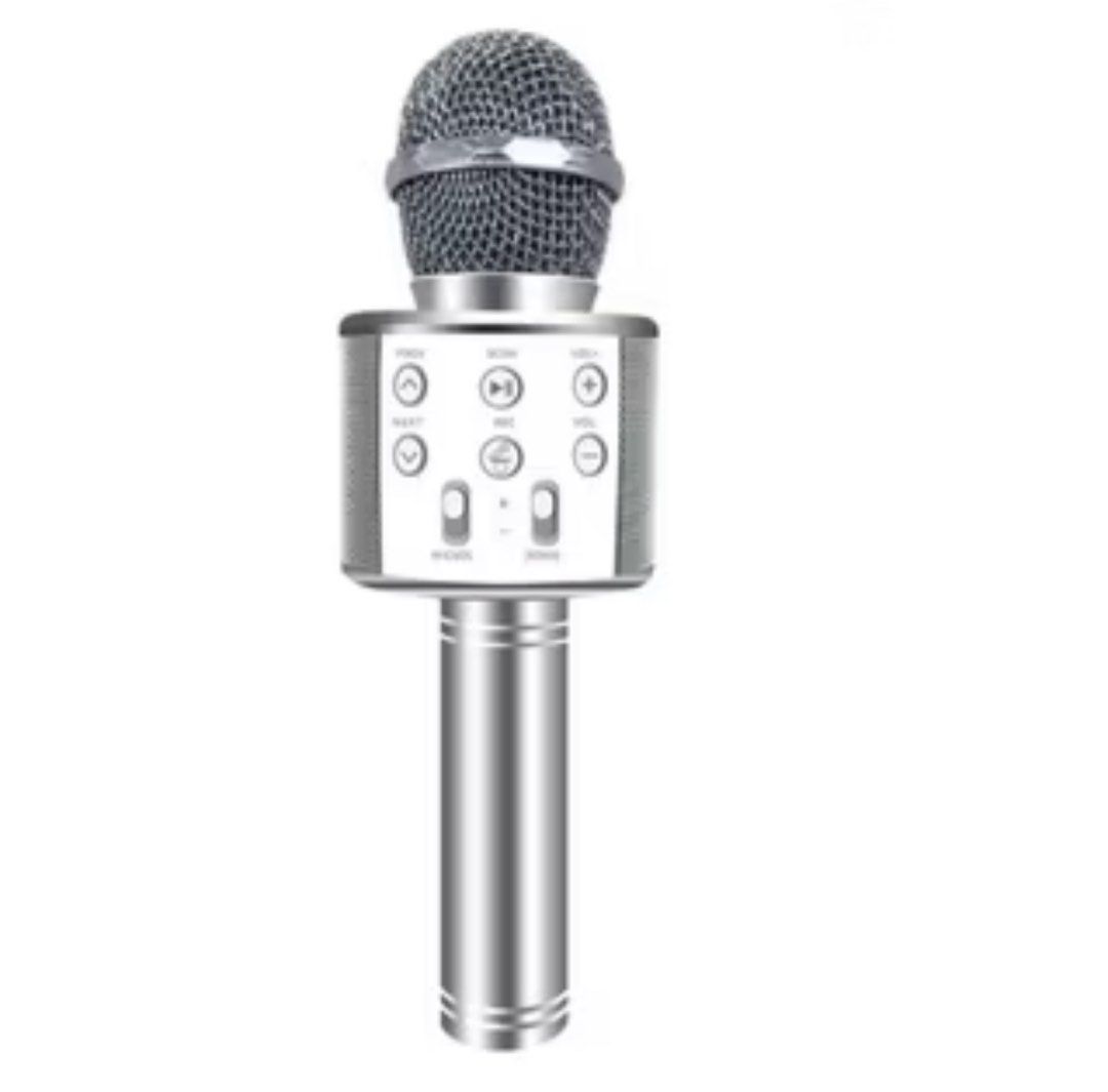 Silver WS858 3-in-1 Wireless Bluetooth Karaoke Microphone Portable Mic Speaker KTV (Category: Microphones) located in Singapore. Submitted by m4iiii (Listing ID 1378330360, Image 1). Description: - Speaker of microphone is dented, other than that still works fine - Comes with box and charger.